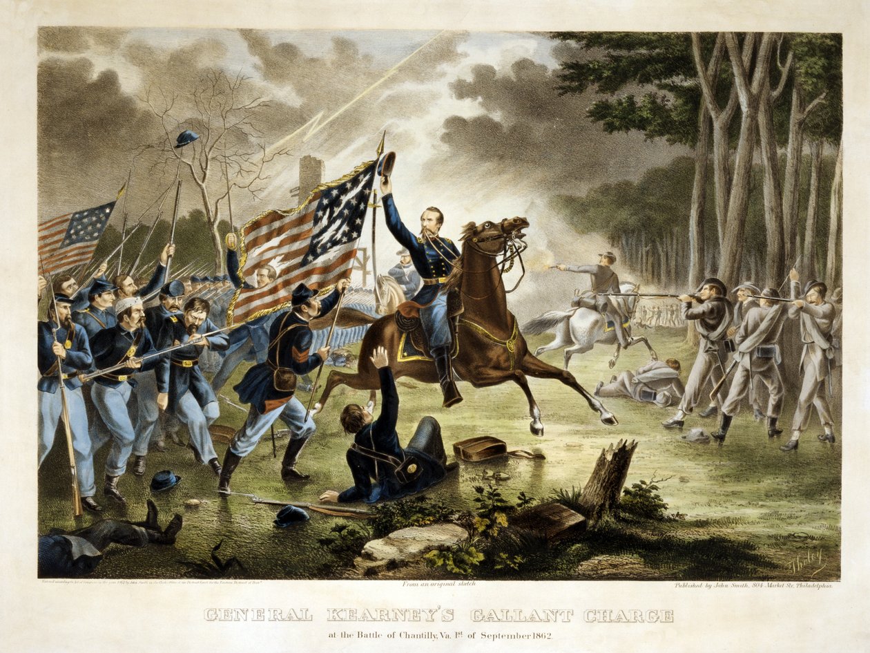 General Kearneys galanta anfall vid slaget vid Chantilly, Va., den 1 september 1862, pub. 1862 av Augustus Tholey