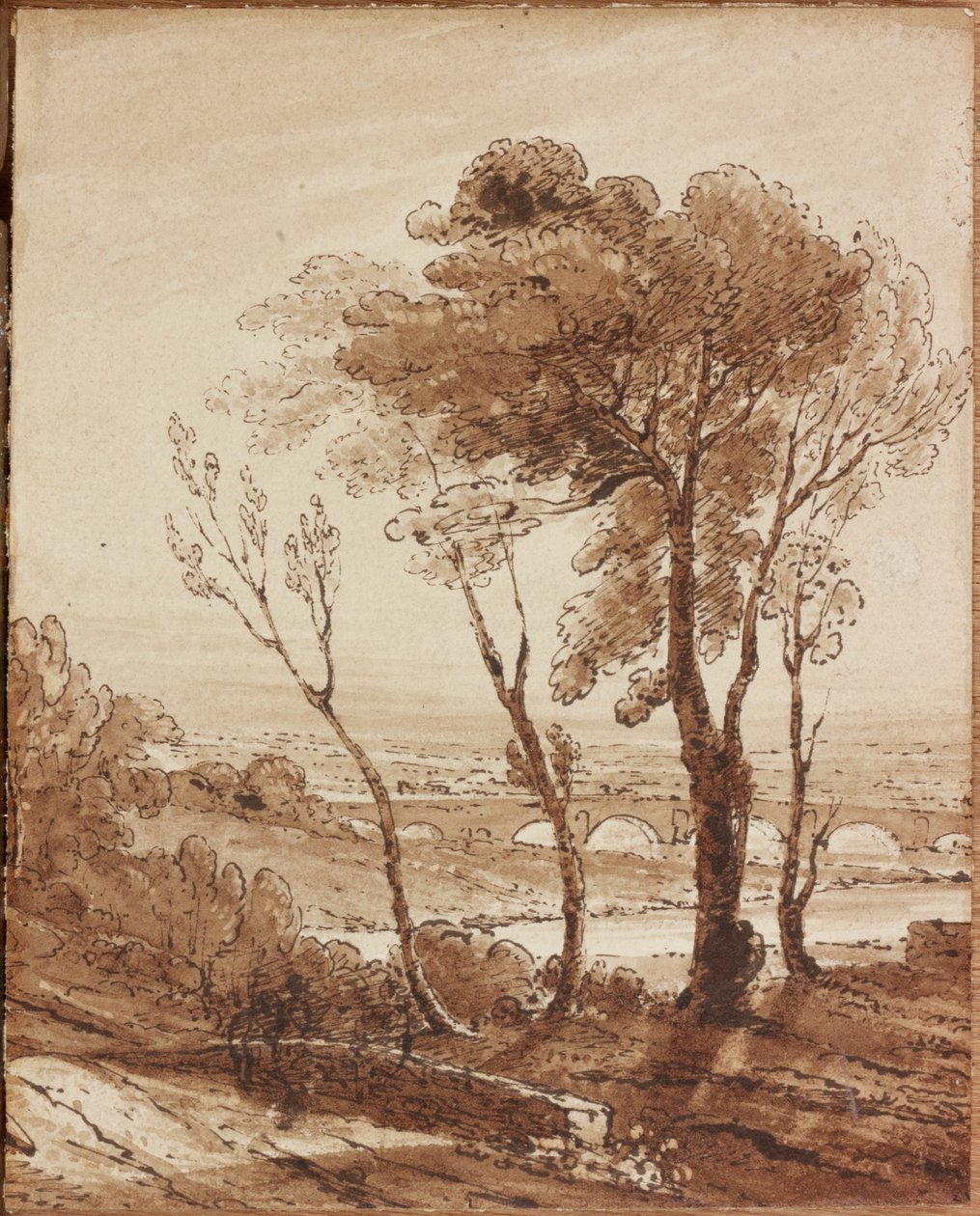 Landskap med bro (bläck och tvätt på papper (väv)) av Augustus Wall Callcott
