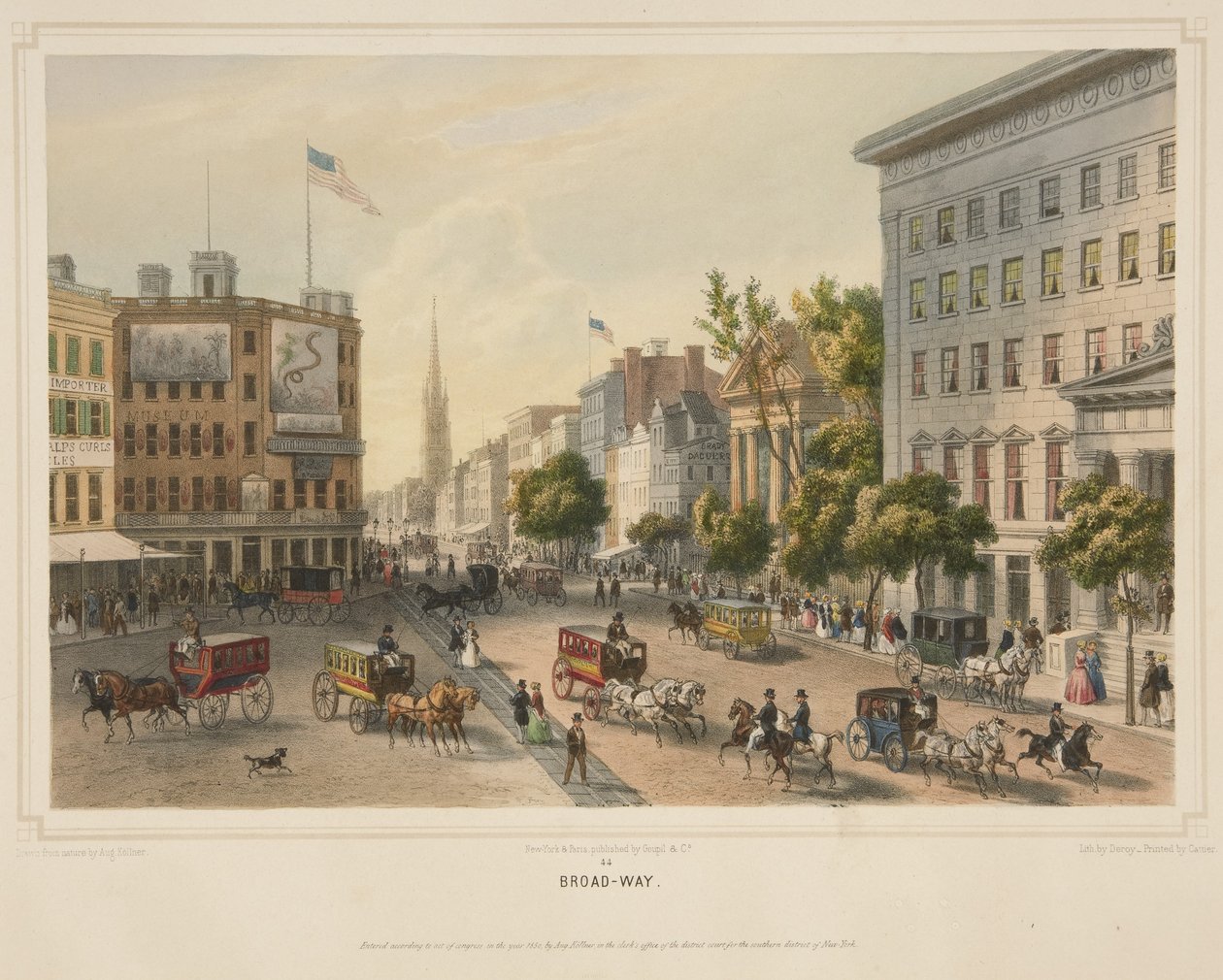 Broad-Way, pub. 1850 (färg litho) av Augustus (after) Kollner