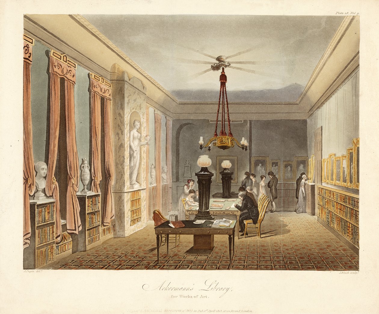 Ackermanns bibliotek för konstverk, pub. 1815 (handfärgad gravyr) av Augustus Charles (after) Pugin