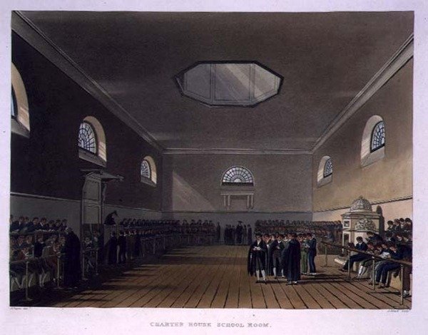 Charter House School Room, från "History of Charter House School", en del av "History of the Colleges", graverat av J. Bluck (fl.1791-1831) pub. av R. Ackermann av Augustus Charles (after) Pugin
