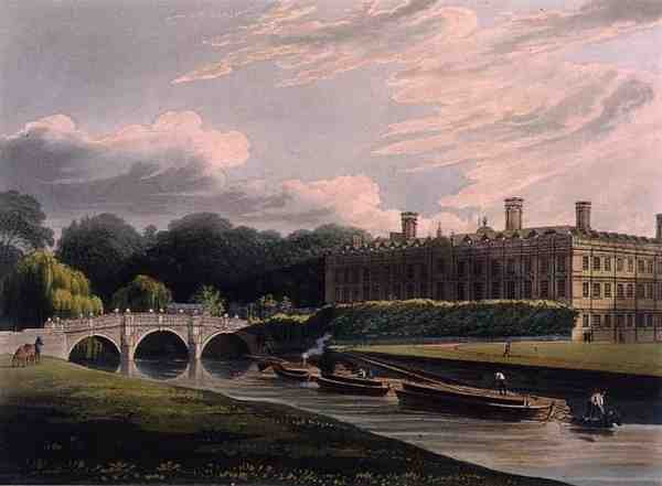 Exteriör av Clare Hall, Cambridge, från "The History of Cambridge", graverad av J. Bluck (fl.1791-1831), pub. av R. Ackermann av Augustus Charles (after) Pugin