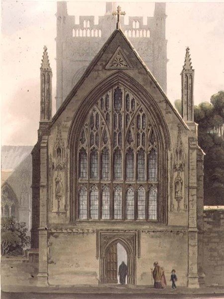 Exteriör av Merton College, vänd mot norra fönstret i Ante-kapellet, illustration från "History of Oxford", graverad av I. Sutherland, pub. av R. Ackermann av Augustus Charles (after) Pugin