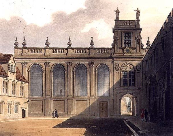 Exteriör av Trinity College Chapel, illustration från "Historien om Oxford", graverad av puben J. Bluck (fl.1791-1831). av R. Ackermann av Augustus Charles (after) Pugin