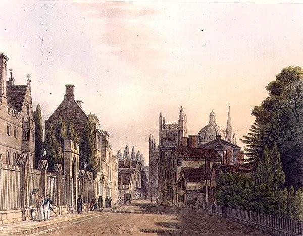Exteriör av Wadham Hall sett från parkerna, illustration från "Historien om Oxford", graverad av J. Hill, pub. av R. Ackermann. 1813 (akvatint) av Augustus Charles (after) Pugin