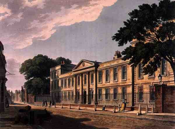Framsida av Emmanuel College, Cambridge, från "The History of Cambridge", graverad av Joseph Constantine Stadler (fl.1780-1812), pub. av R. Ackermann av Augustus Charles (after) Pugin