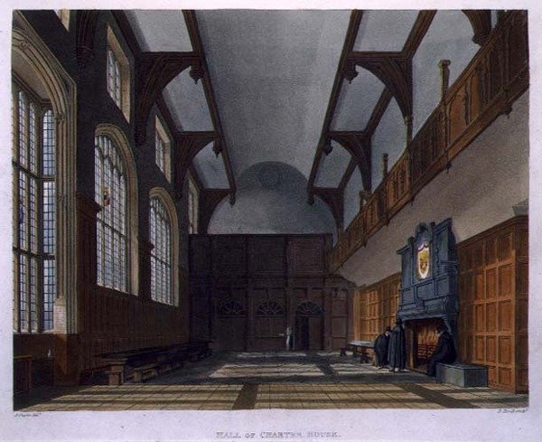 Hall of Charter House, från "History of Charter House School", en del av "History of the Colleges", graverad av Daniel Havell (1785-1826) pub. av R. Ackermann av Augustus Charles (after) Pugin