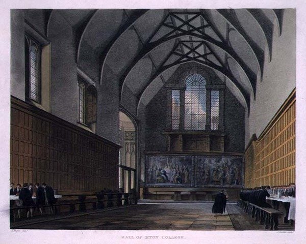 Hall of Eton College, från "History of Eton College", en del av "History of the Colleges", graverad av Joseph Constantine Stadler (fl.1780-1812) pub. av R. Ackermann av Augustus Charles (after) Pugin