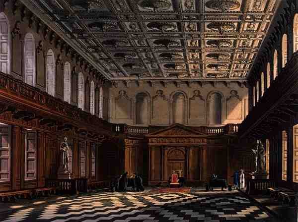 Interiör av Senathuset, Cambridge från "The History of Cambridge", graverad av Daniel Havell (1785-1826), pub. av R. Ackermann av Augustus Charles (after) Pugin