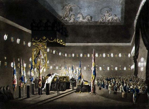 Rester av Lord Viscount Nelson som ligger i staten i den målade kammaren på Greenwich Hospital, graverade av J. Merigot, pub. 1806 (färggravyr) av Augustus Charles (after) Pugin