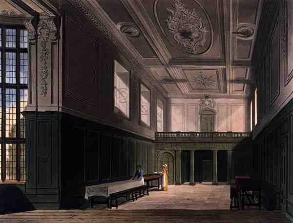Hall of Sidney College, Cambridge, från "The History of Cambridge", graverad av Daniel Havell (1785-1826), pub. av R. Ackermann av Augustus Charles (after) Pugin