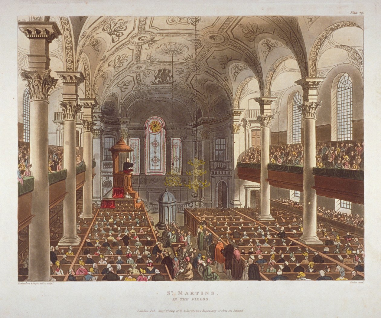 Interiör av Church of St Martin-in-the-Fields, Westminster, London, 1809 av Augustus Charles Pugin, Thomas Rowlandson