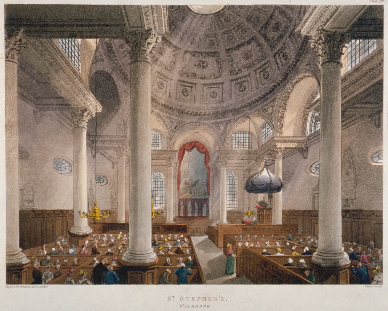 Interiör av Church of St Stephen Walbrook under en gudstjänst, City of London, 1809 av Augustus Charles Pugin, Thomas Rowlandson