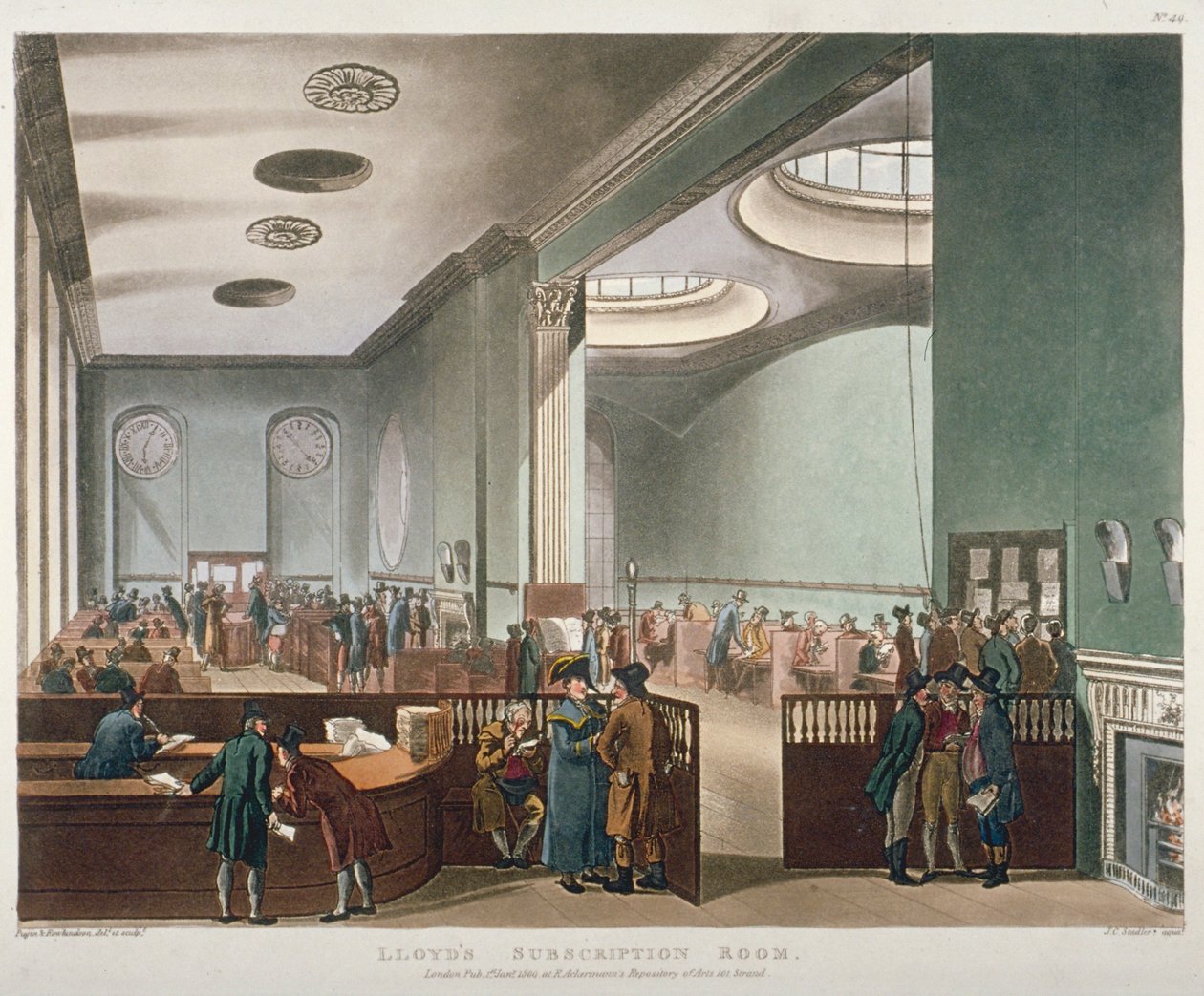 Interiörvy av Lloyds Subscription Room i Royal Exchange, City of London, 1809 av Augustus Charles Pugin, Thomas Rowlandson