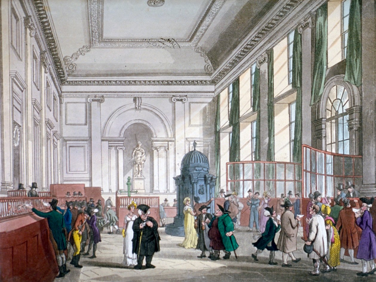 The Great Hall på Bank of England, City of London, 1809, med kunder. och anställda av Augustus Charles Pugin, Thomas Rowlandson