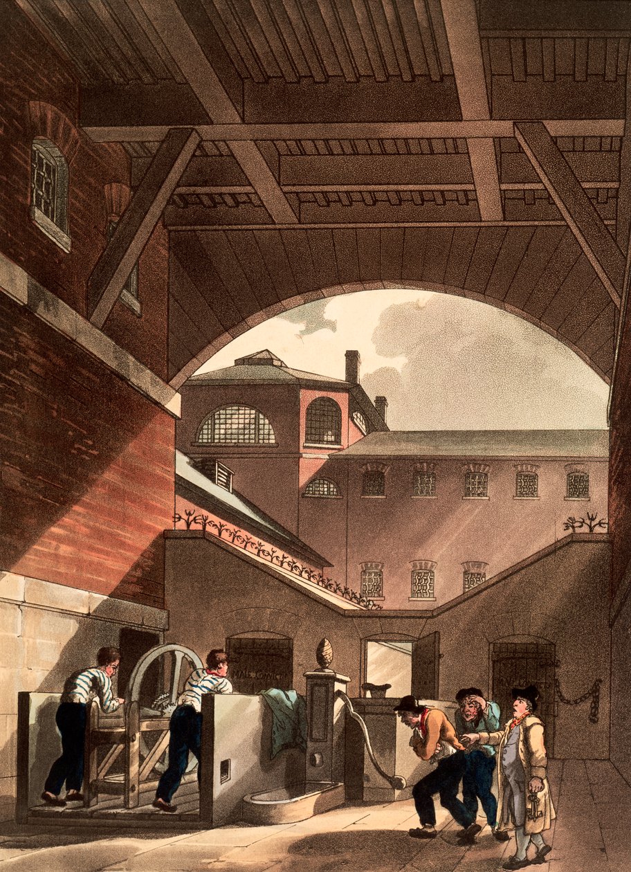 Vattenmotor vid Cold Bath Fields Prison, London, 1808 av Augustus Charles Pugin, Thomas Rowlandson