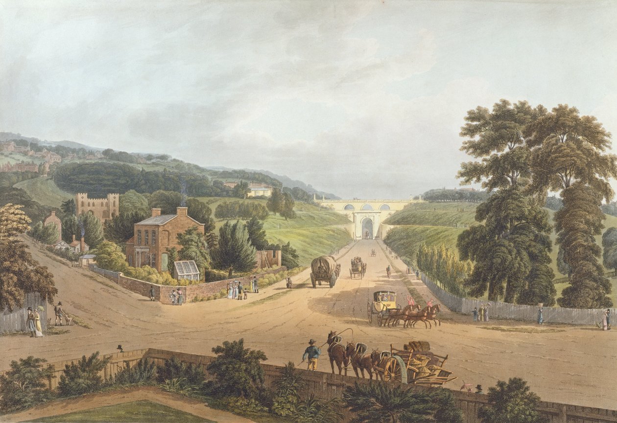 En vy av Highgate Archway, 1821, graverad av John Hill (1770-1850) (akvatint) av Augustus Charles Pugin