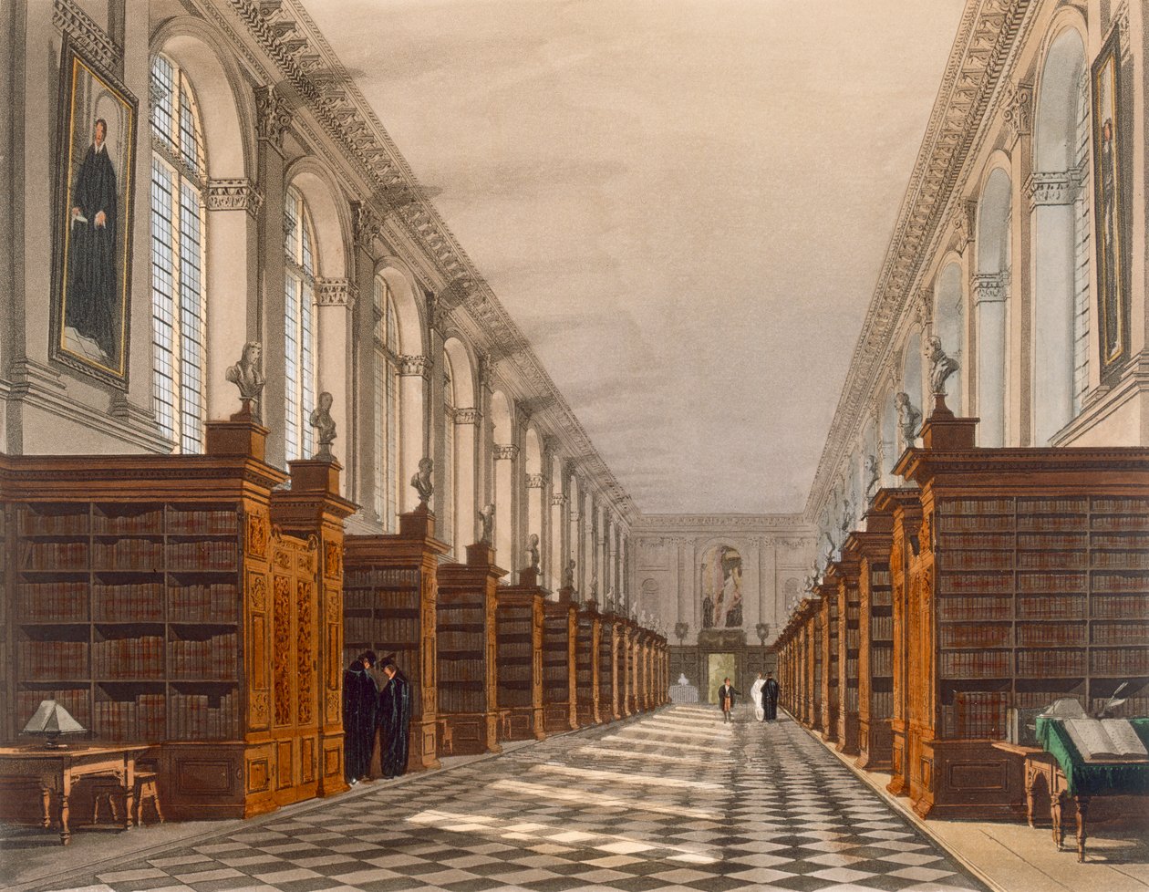 Interiör av Trinity College Library, Cambridge, från The History of Cambridge, graverad av Daniel Havell (1785-1826), pub. av R. Ackermann, 1815 (färgakvatint) av Augustus Charles Pugin