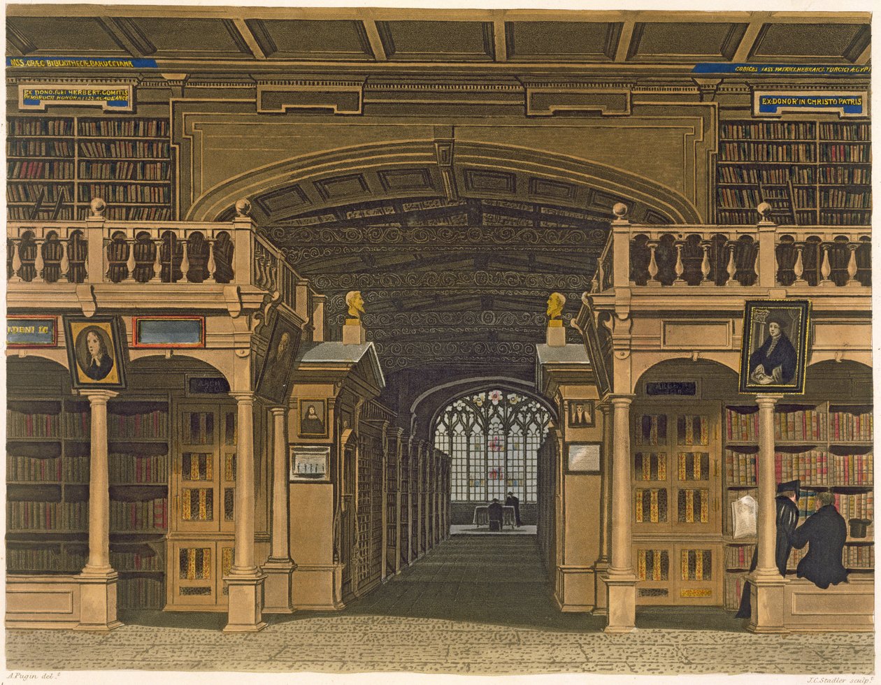 Interiör av Bodleian Library, illustration från "Historien om Oxford", graverad av puben Joseph Constantine Stadler (fl.1780-1812). av R. Ackermann, 1813 (akvatint) av Augustus Charles Pugin