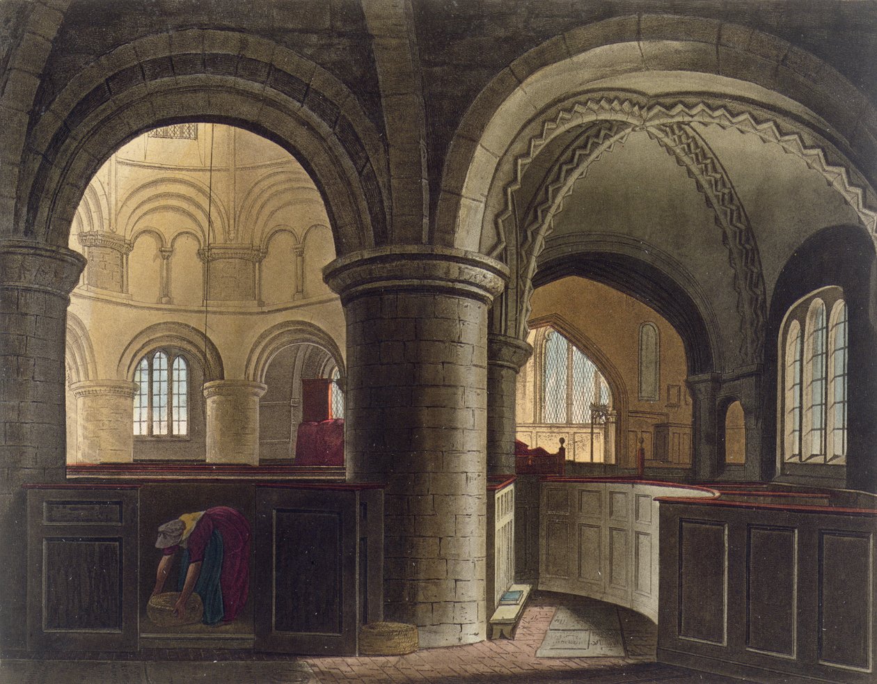 Interiör av Heliga gravens kyrka, Cambridge, från "The History of Cambridge", graverad av J. Hill, pub. av R. Ackermann, 1815 (färgakvatint) av Augustus Charles Pugin