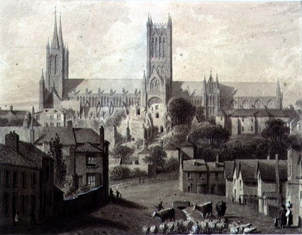 Lincoln Cathedral från söder av Augustus Charles Pugin