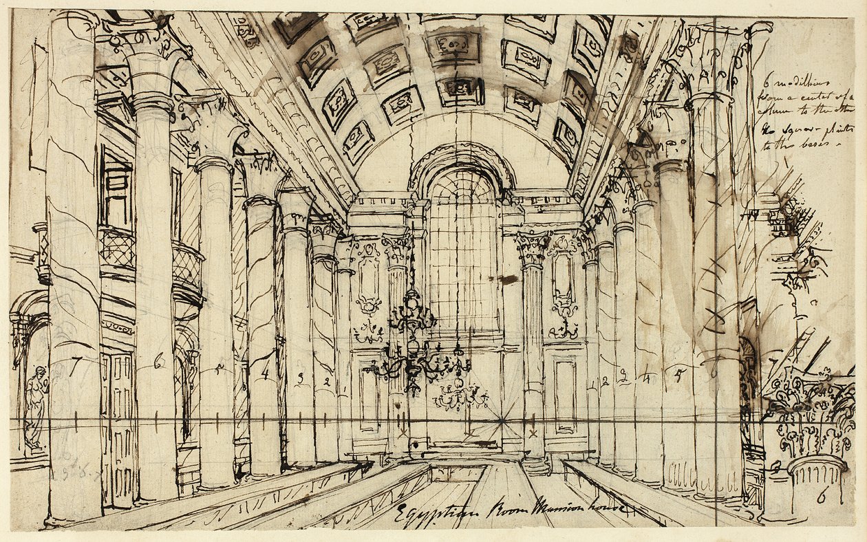 Studie för Egyptian Hall Mansion House, från Microcosm of London av Augustus Charles Pugin