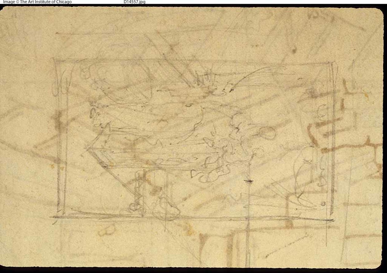 Studie för utställningsrummet, Somerset House, från Microcosm of London (recto); Skiss av en målning: Madonna och barn (verso) av Augustus Charles Pugin