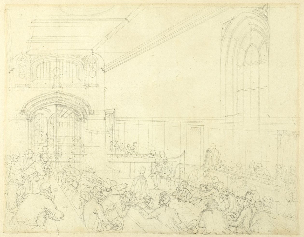 Studie för Guild Hall, Examination of a Bankrupt Before His Borgenärer, från Microcosm of London av Augustus Charles Pugin