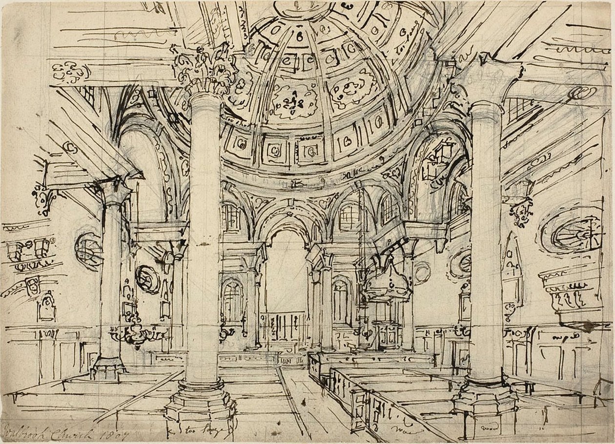 Studie för Walbrook Church (recto); Skisser av segelbåtar, män och jollar (verso) av Augustus Charles Pugin