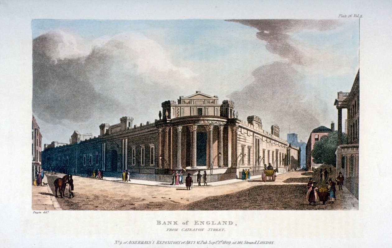Bank of England, från Cateaton Street, City of London, 1809 av Augustus Charles Pugin