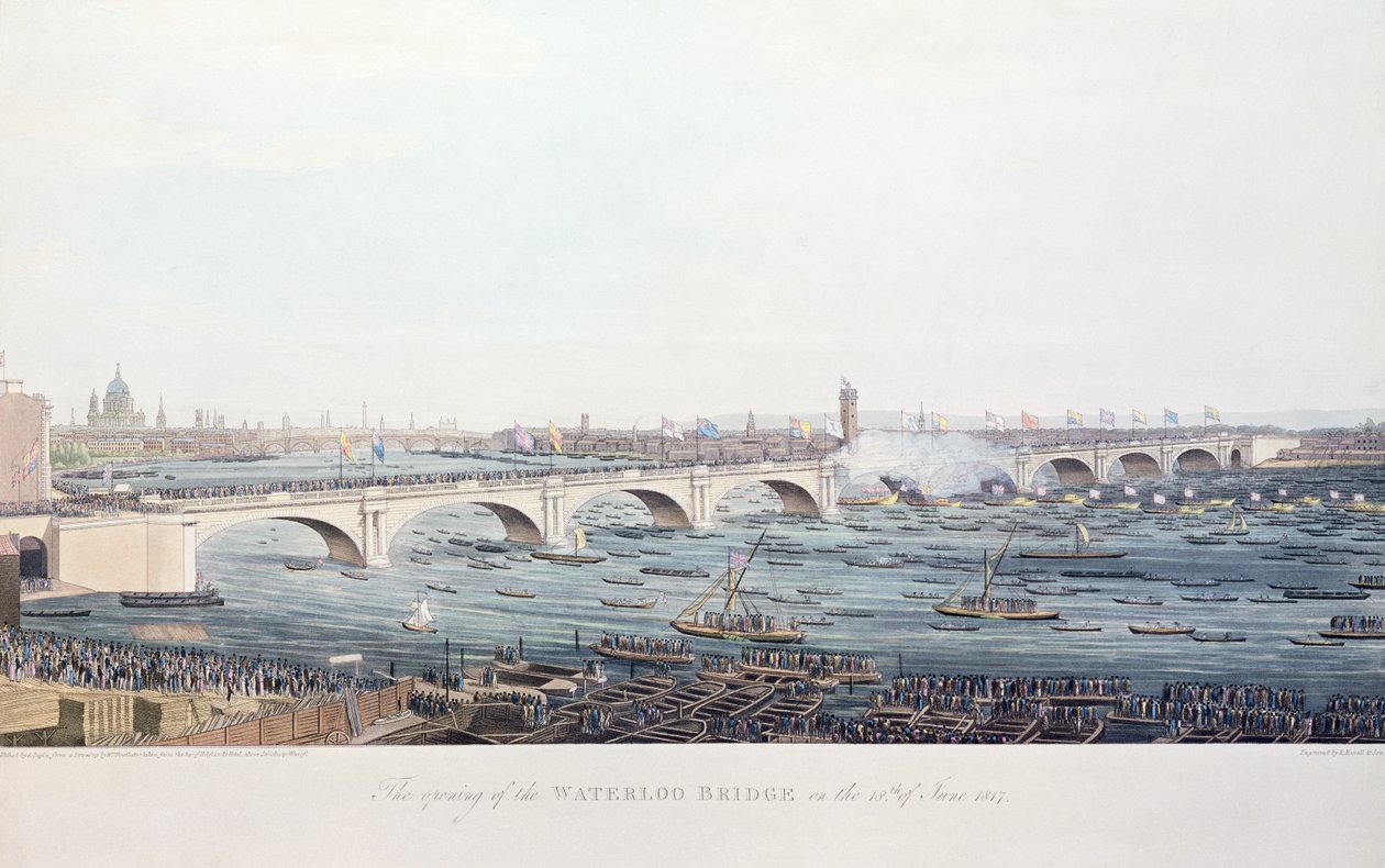 Öppnandet av Waterloo-bron den 18 juni 1817, etsat av A. Pugin efter en teckning av W. Findlater, graverad av R. Havell und Son, 1818 (färgstick) av Augustus Charles Pugin