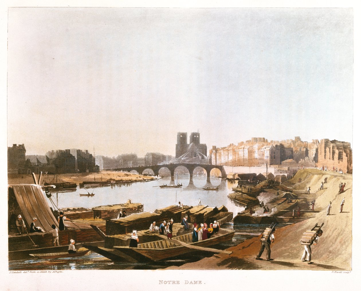 Notre Dame, Ile de la Cite, Ile Saint Louis och Pont de la Tournelle, 1821 av Augustus Charles after Pugin