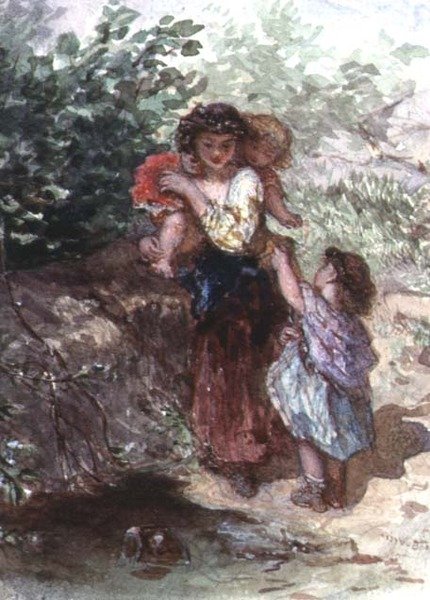 Flicka som står med ett barn på axlarna, ett annat barn vid sin sida (akvarell på papper) av Augustus Jules Bouvier