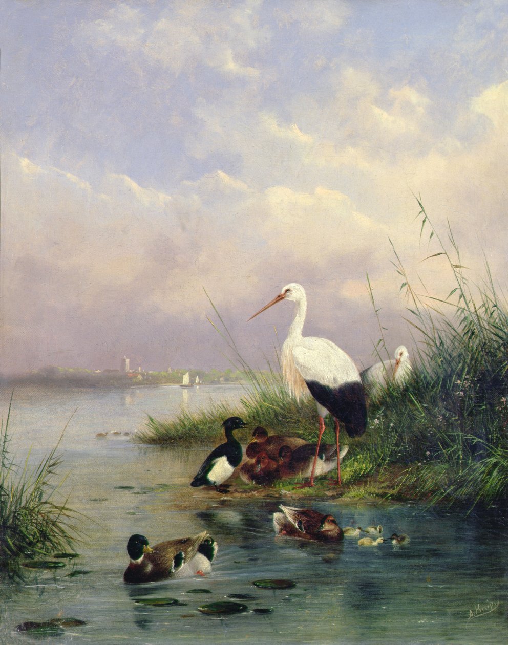 En familj av gräsand, två storkar och en familj av tofsänder (par 77886) av Augustus Knip