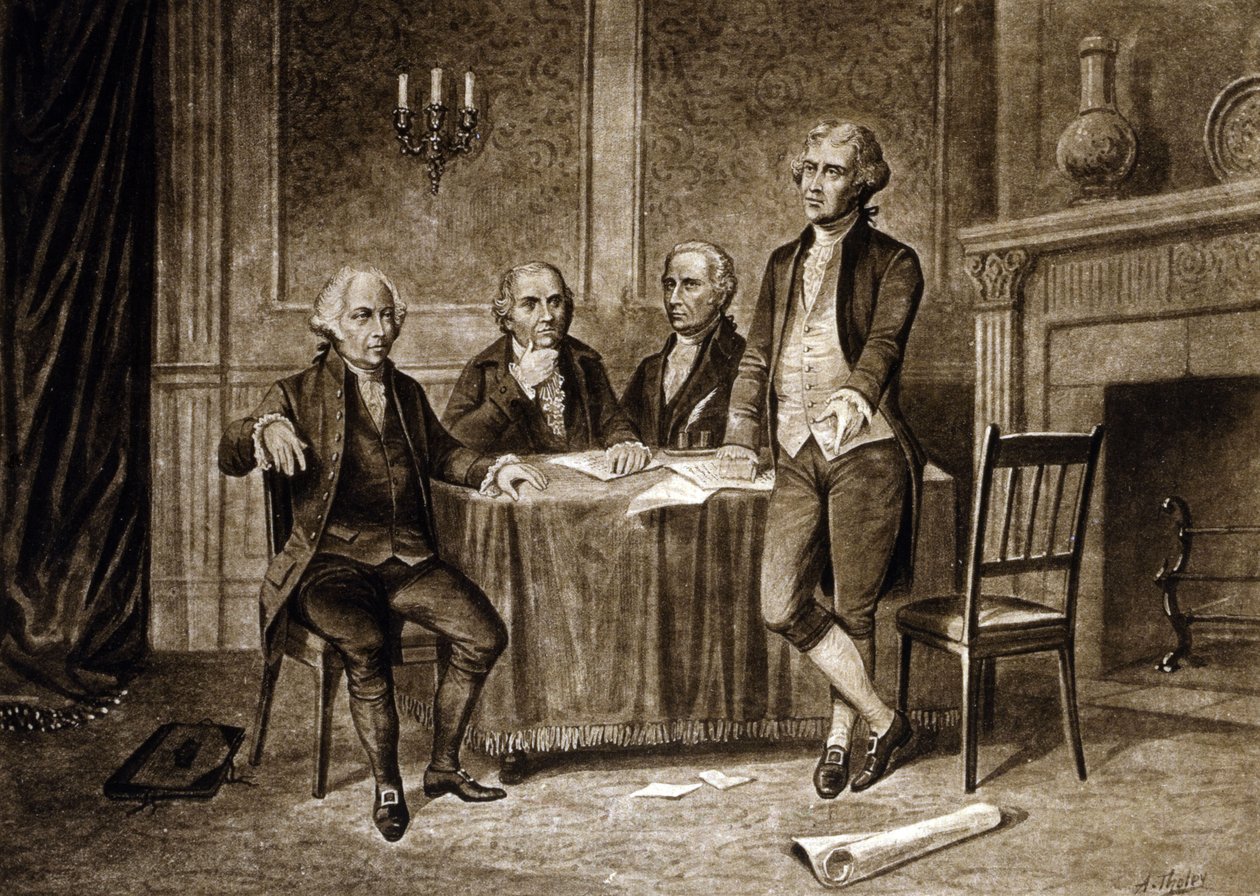 Ledare för kontinentalkongressen 1775: John Adams, Robert Morris, Alexander Hamilton, Thomas Jefferson, teckning av Augustus Tholey (1894) av Augustus Tholey