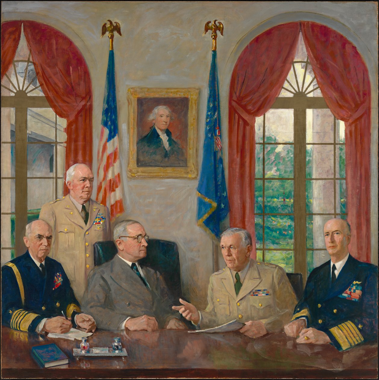 Truman och hans militära rådgivare, 1949. av Augustus Vincent Tack