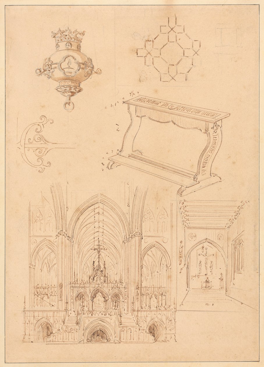 Design för gotisk utsmyckning, en knästående och två skisser av interiören i gotiska kyrkor av Augustus Welby Northmore Pugin