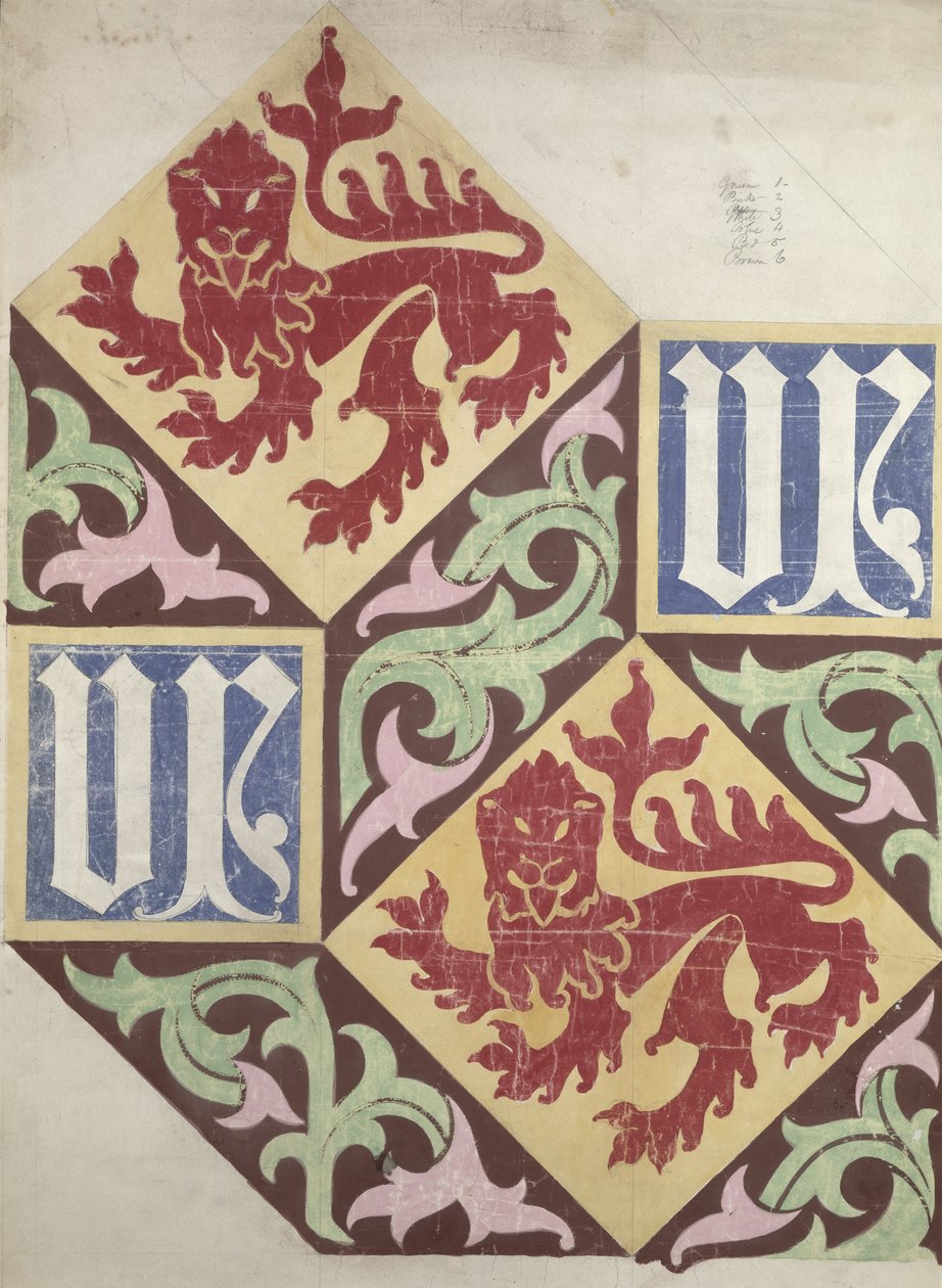 Golvdesign för Houses of Parliament (gouache och penna på papper) av Augustus Welby Northmore Pugin