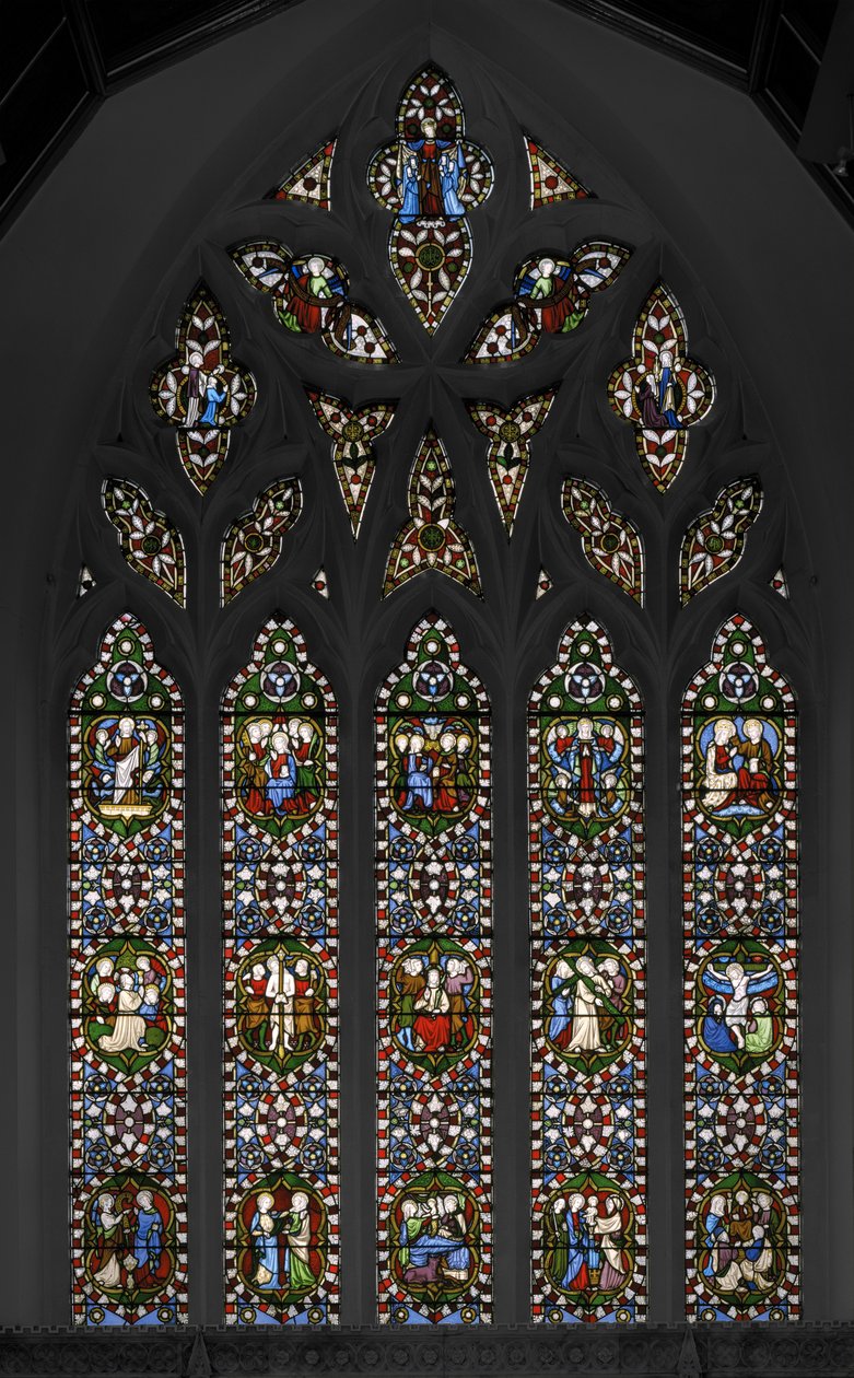 Rosenkransens mysterier, kapellets östra fönster, 1847 (målat glas) av Augustus Welby Northmore Pugin