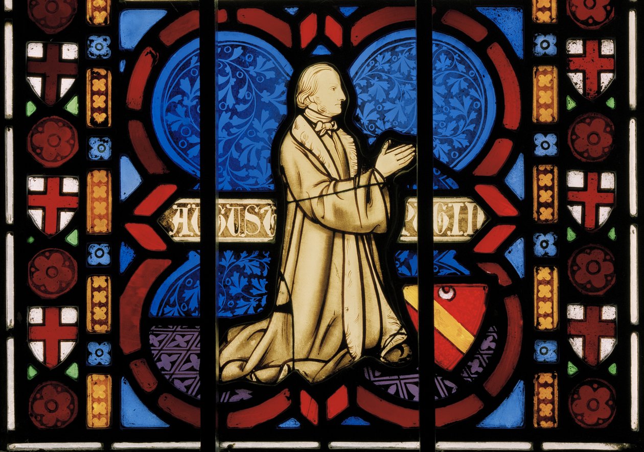 Pugin knäböjer vid bön, Chapel East Window, ca 1844 (målat glas) av Augustus Welby Northmore Pugin