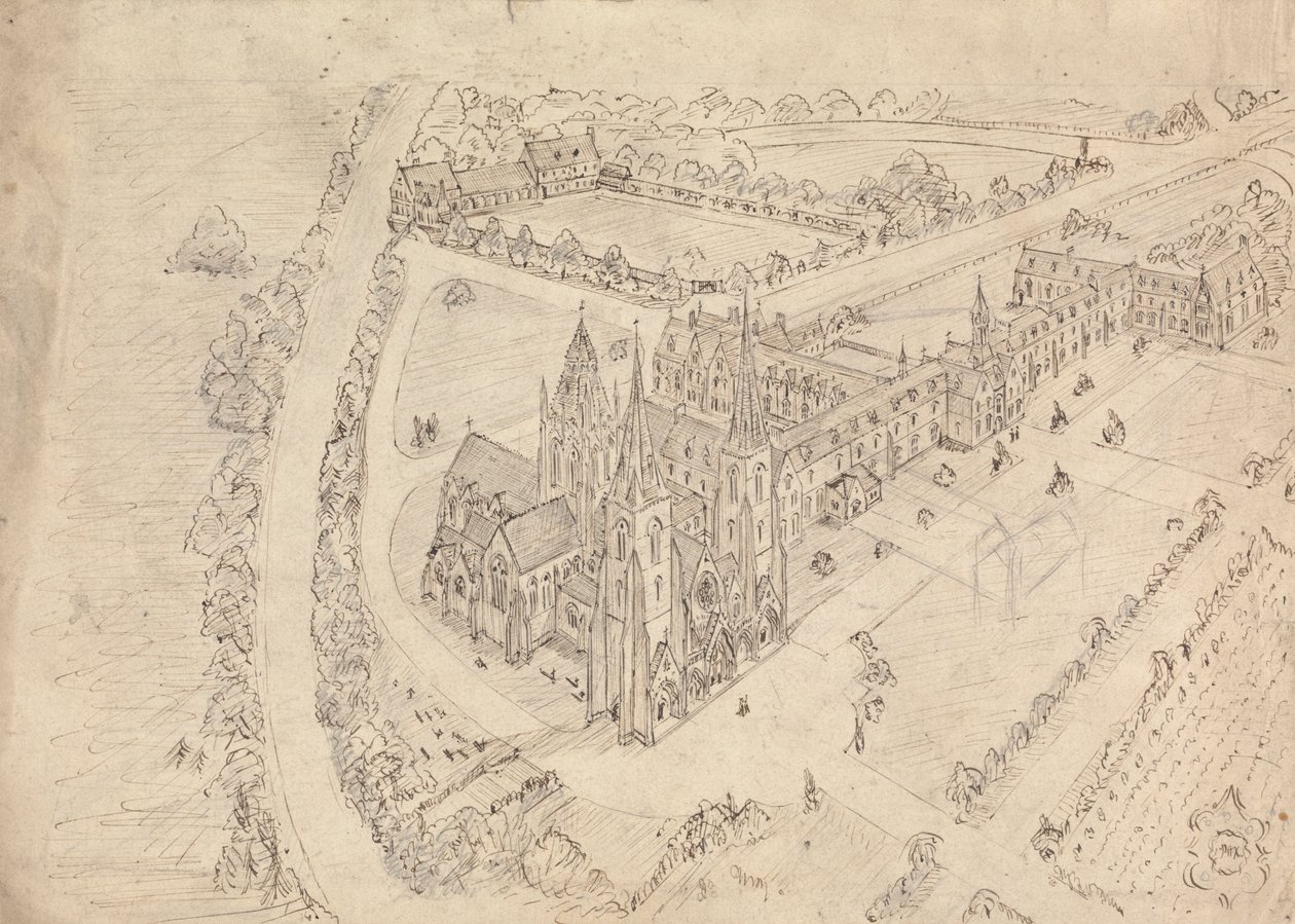 Skiss av en gotisk kyrka och kloster av Augustus Welby Northmore Pugin