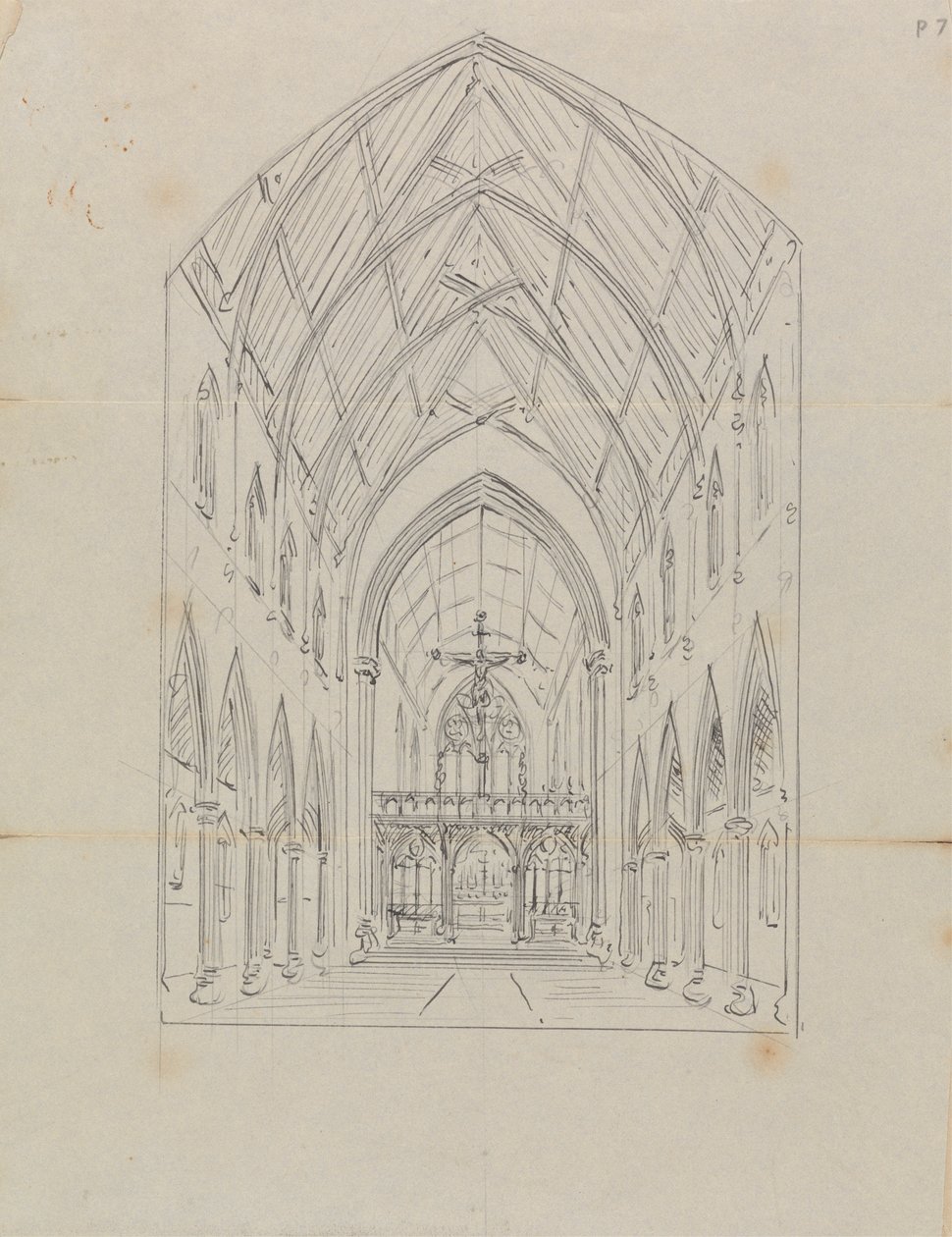 Skiss av interiören av en gotisk kyrka av Augustus Welby Northmore Pugin