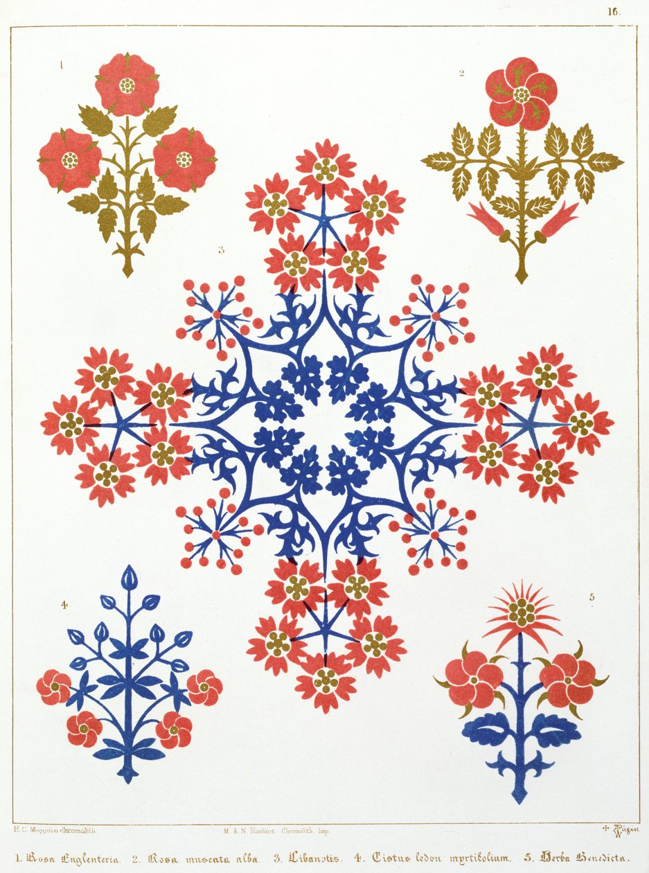 Violett-, iris- och tulpanmotiv tapetdesign, tryckt av M. und N. Hanhart av Augustus Welby Northmore Pugin