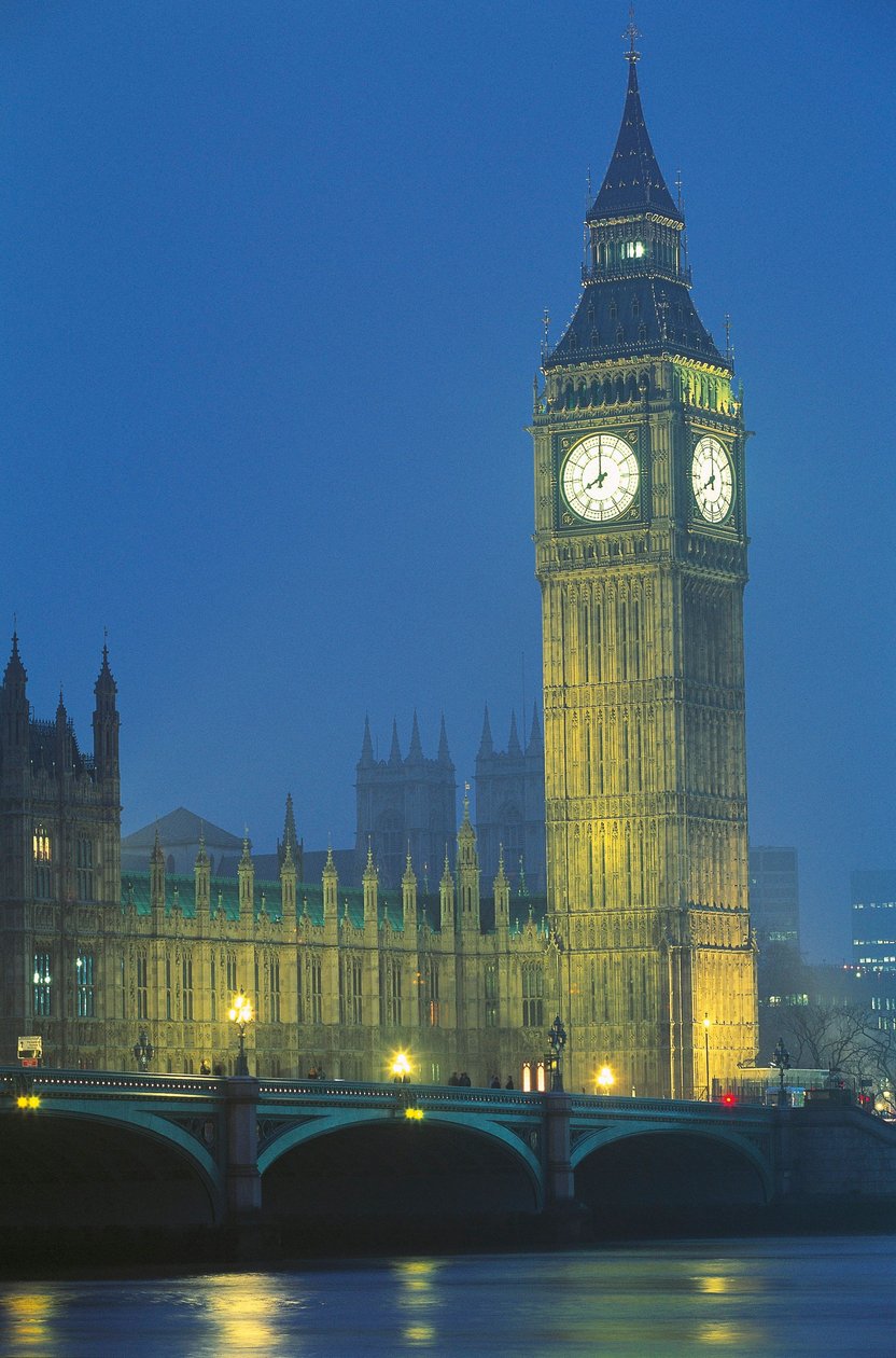 Storbritannien, England, London, Westminster Palace och Big Ben på natten av Augustus Welby Pugin