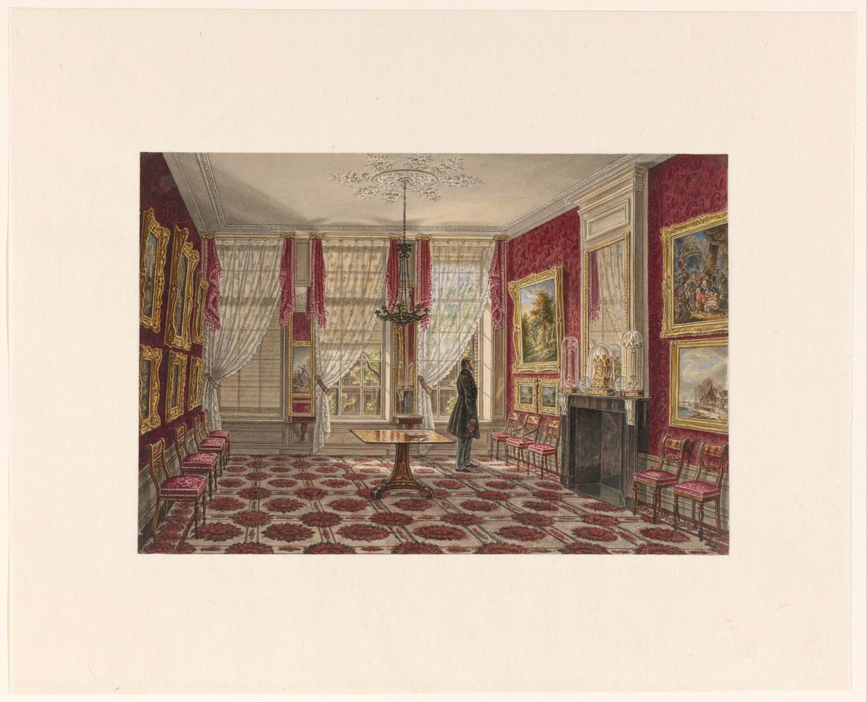 1800-talsinteriör med målningar och stående figur av Augustus Wijnantz