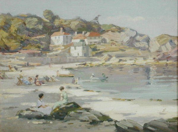 A Cornish Beach (olja på panel) av Augustus William Enness