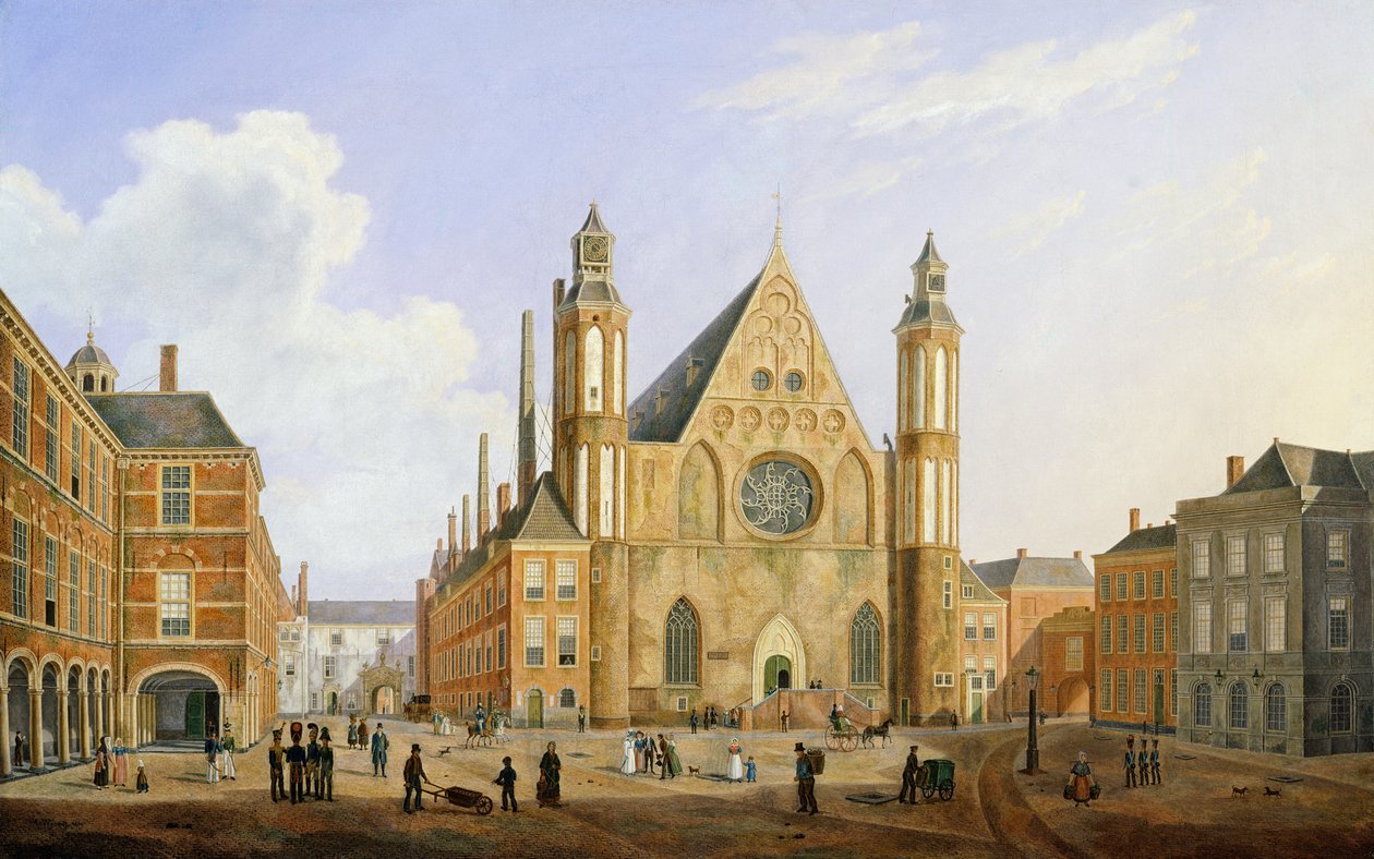 Binnenhof i Haag med utsikt över Ridderzaal med soldater och andra figurer på innergården av Augustus Wynantz
