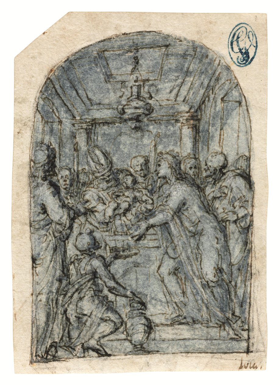 Presentationen i templet (krita med penna och bläck, lavering och vit förhöjning på papper) av Aurelio (attr. to) Luini
