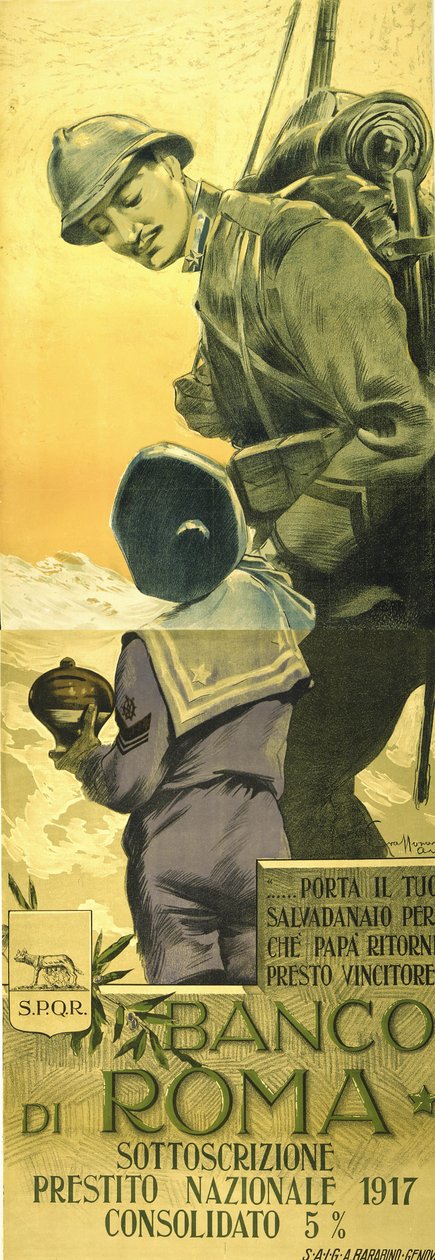 World War I: Banco di Romano affisch för War Loan. Italiensk soldat säger åt sin son att tömma sin sparbössa och pappa kommer snart att vinna hem. Aurelio Craffonara (1875-1945) italiensk konstnär. av Aurelio Craffonara