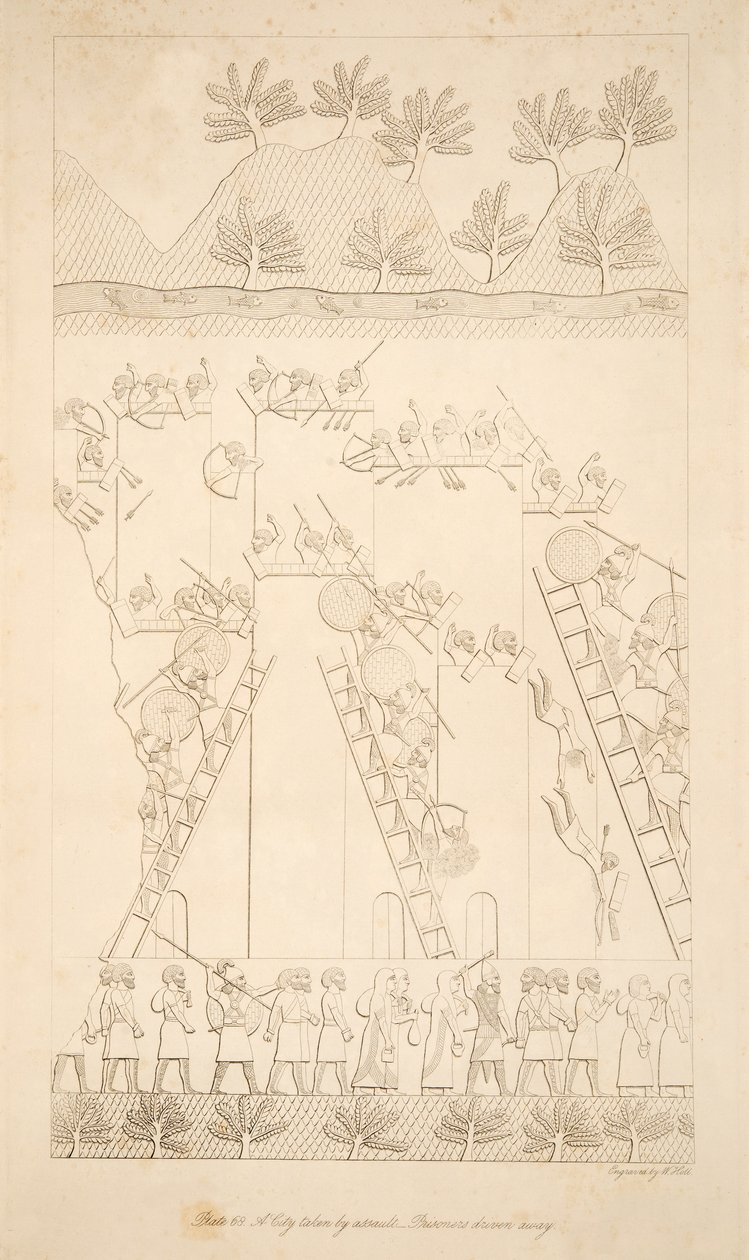 En stad tagen genom överfall - Fångar körda iväg, från Monuments of Nineveh, pub. 1849 av Austen Henry Layard